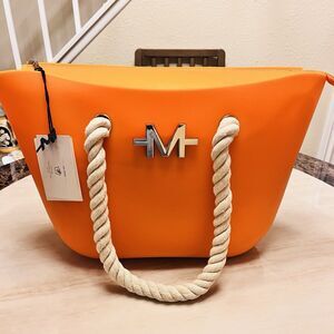 Marino Avenue Silicone Beach Tote Bag w/Zipper & Braided Rope Handles Orange